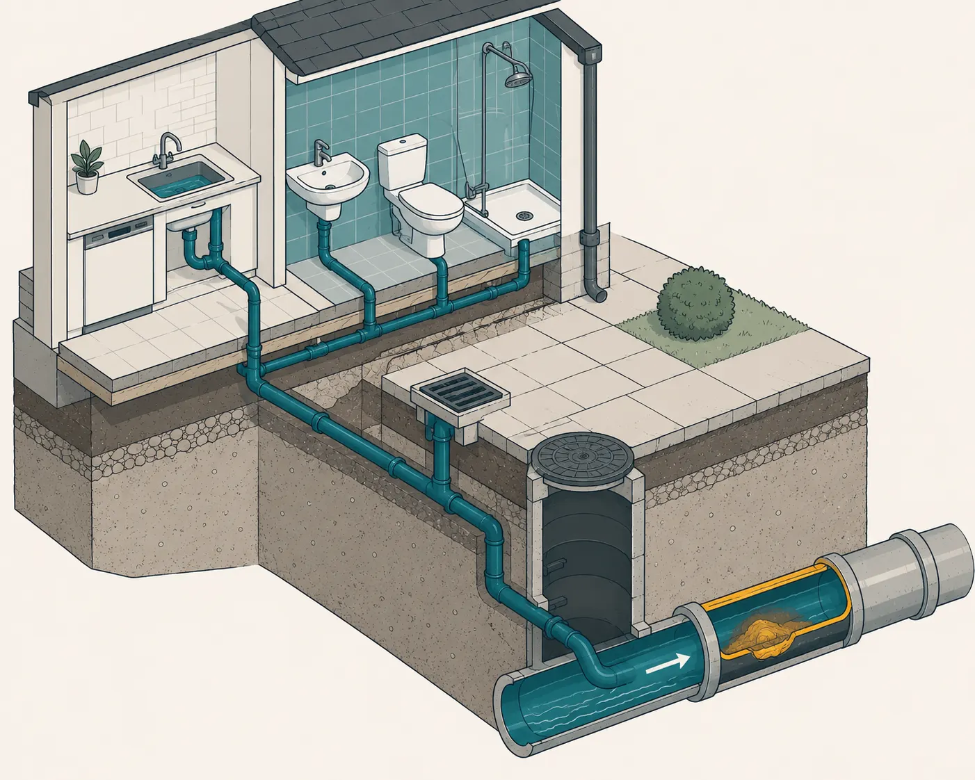 Cross-section illustration of a home's drainage system, showing kitchen and bathroom waste pipes flowing into the main sewer.