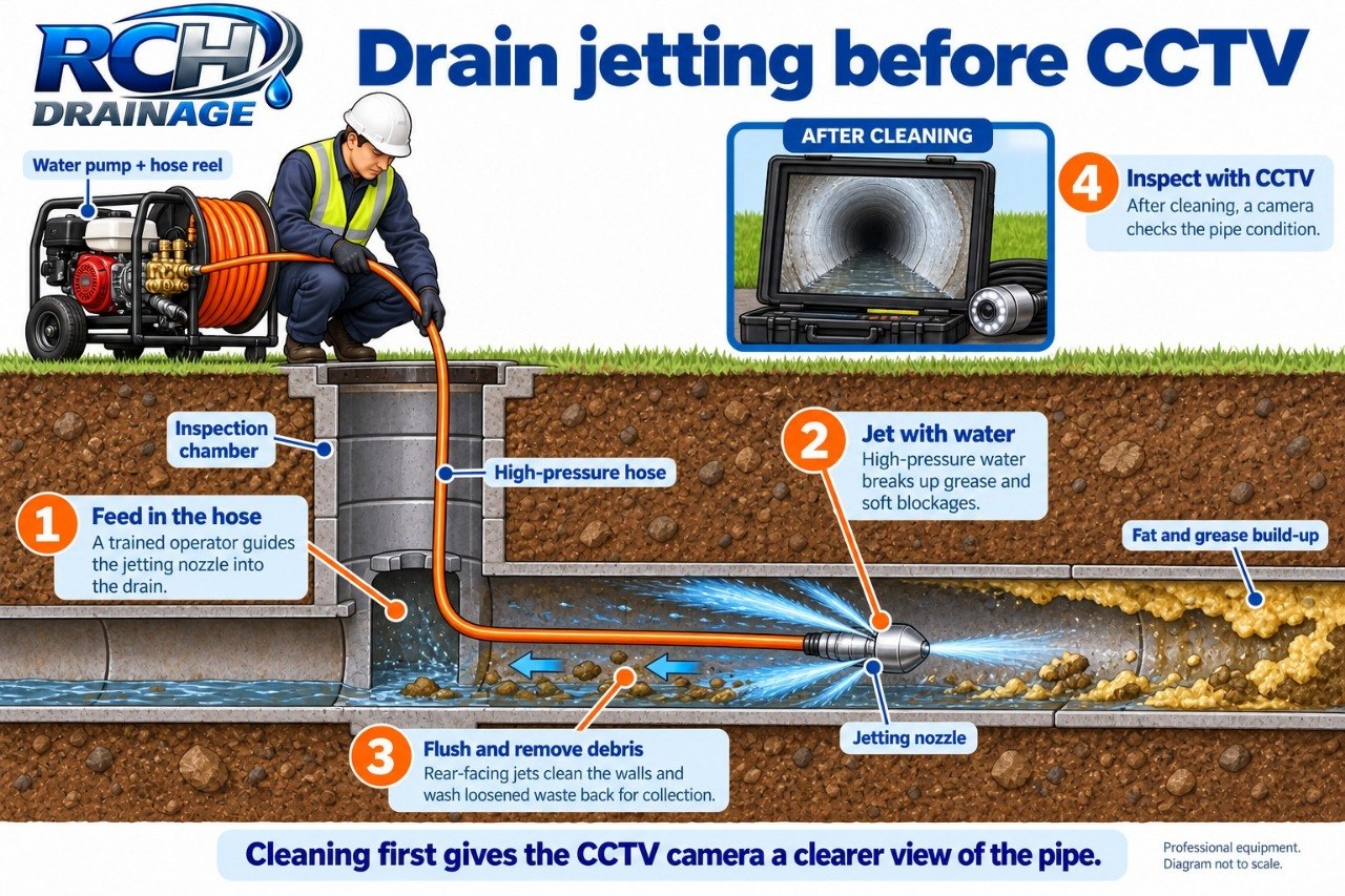 Drain jetting clearing debris before a CCTV camera inspection.