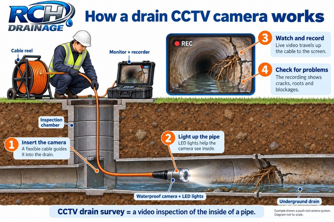 Drain CCTV camera being guided through an inspection chamber to check the inside of a pipe.