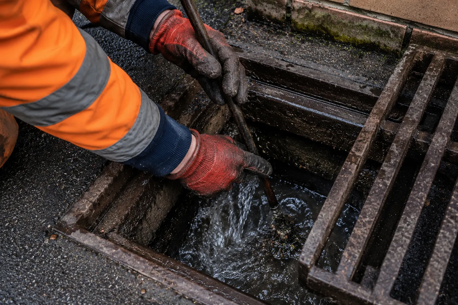 Engineer clearing standing water from a blocked drain