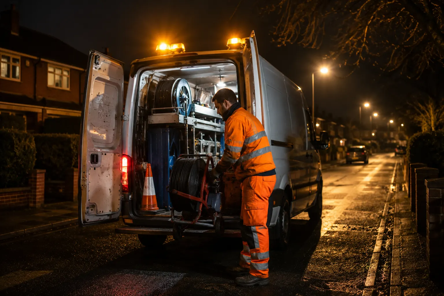 RCH Drainage emergency van parked on a Northamptonshire residential street at night.