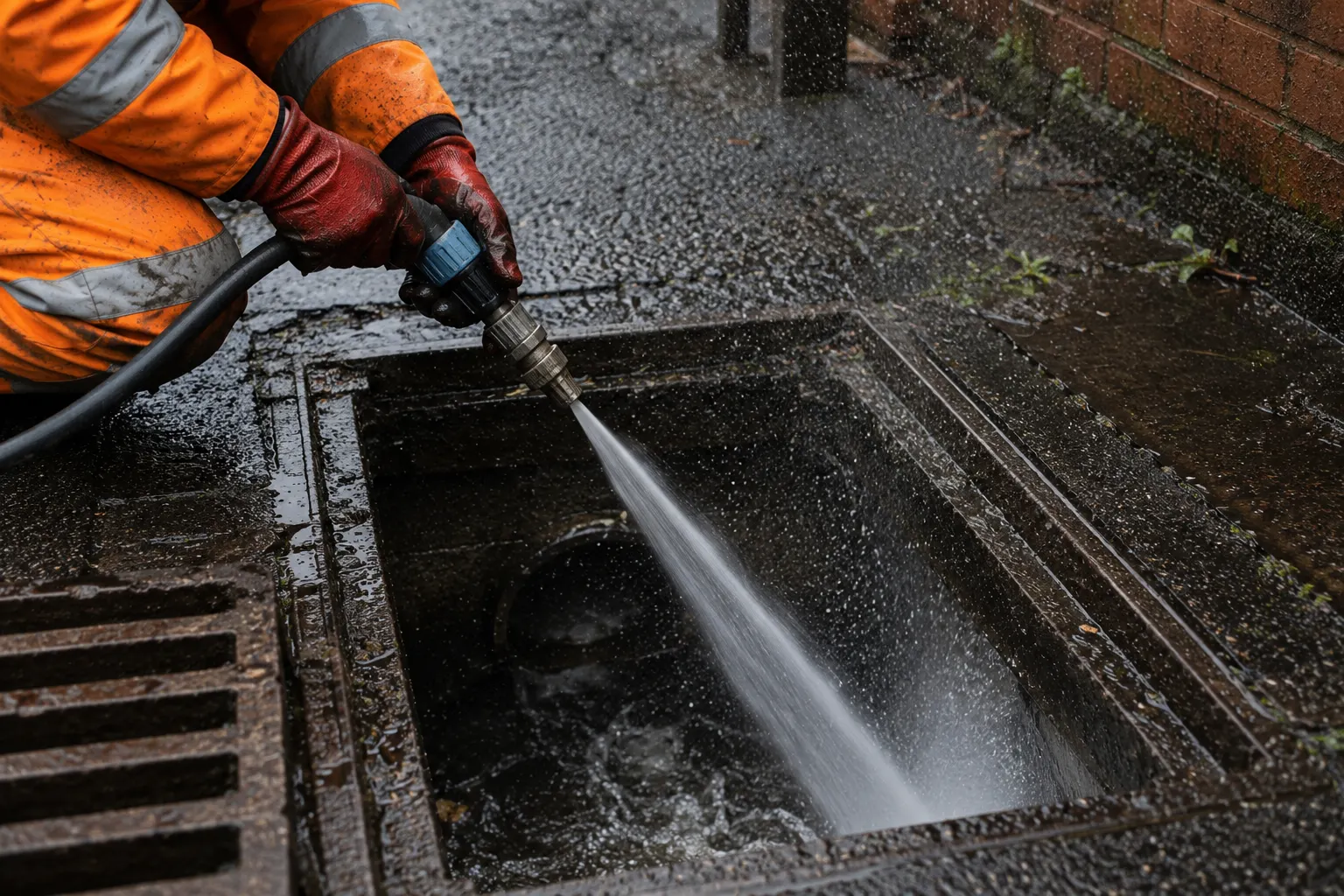 High-pressure drain jetting in progress